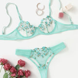 Ladies Bra Set Floral Embroidery Lingerie Sexy Transparent Underwear Wire Free Bralette Panty Erotic Set Sexy Women's Sleepwear