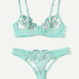 Ladies Bra Set Floral Embroidery Lingerie Sexy Transparent Underwear Wire Free Bralette Panty Erotic Set Sexy Women's Sleepwear