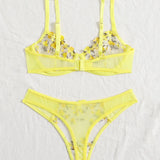 Sexy Bra And Panties Set Lingerie Yellow Embroidery Lace Transparent Women's Underwear Set Erotic Brief Set Lingerie Costumes