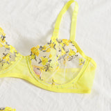 Sexy Bra And Panties Set Lingerie Yellow Embroidery Lace Transparent Women's Underwear Set Erotic Brief Set Lingerie Costumes
