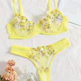 Sexy Bra And Panties Set Lingerie Yellow Embroidery Lace Transparent Women's Underwear Set Erotic Brief Set Lingerie Costumes