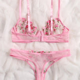 Woman 2 Pieces Lingerie Set Sexy Floral Embroidery Underwear Transparent Lace Short Skin Care Kits Delicate Fairy Set 2023