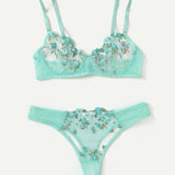 Ladies Bra Set Floral Embroidery Lingerie Sexy Transparent Underwear Wire Free Bralette Panty Erotic Set Sexy Women's Sleepwear