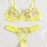 Sexy Bra And Panties Set Lingerie Yellow Embroidery Lace Transparent Women's Underwear Set Erotic Brief Set Lingerie Costumes
