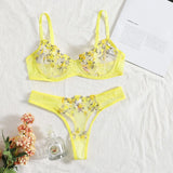 Sexy Bra And Panties Set Lingerie Yellow Embroidery Lace Transparent Women's Underwear Set Erotic Brief Set Lingerie Costumes