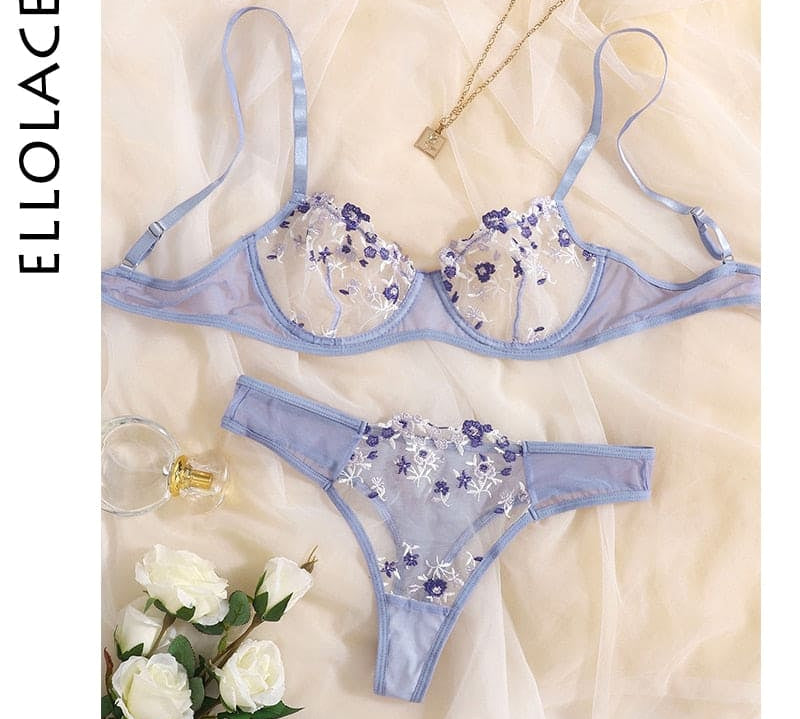 Ellolace Lingerie Sexy Floral Embroidery Underwear Transparent Lace Short Skin Care Kits Delicate Fairy Set Woman 2 Pieces