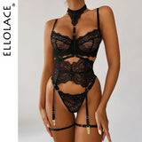 Ellolace Underwear Sexy Lingerie 3-Pieces Transparent Bra Lace Suit Sexy Garter Belt With Stockings Woman Erotic Intimate