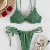 Underwire Push Up Bikinis Women Solid Green Swimwear 2023 Ribbed Cut Out Beach Bathing Suit Tie Side Triangle Swimsuit Biquini