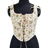 New Sweet French Style Yellow Rose Print Lace Up Corset Top Crop Bustiers For Women Vintage Korean Bridal Bandage Corset
