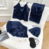 Four Seasons Wearable Five Piece Set Pajamas Black Suspender Trousers Home Clothes Set Comfortable Ice Silk Pajamas