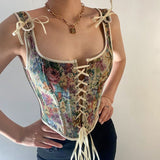 Floral Elegant Corset Crop Top Summer Women Sexy Backless Bandage Camis Vintage Lace Vest Boho Tank Tops Female Clothing