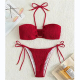 Sexy Triangle Bikini 2023 Women Solid Red Black Ribbed Push Up Micro Swimsuit Cut Out Metal Designer Bathing Suit Thong Swimwear